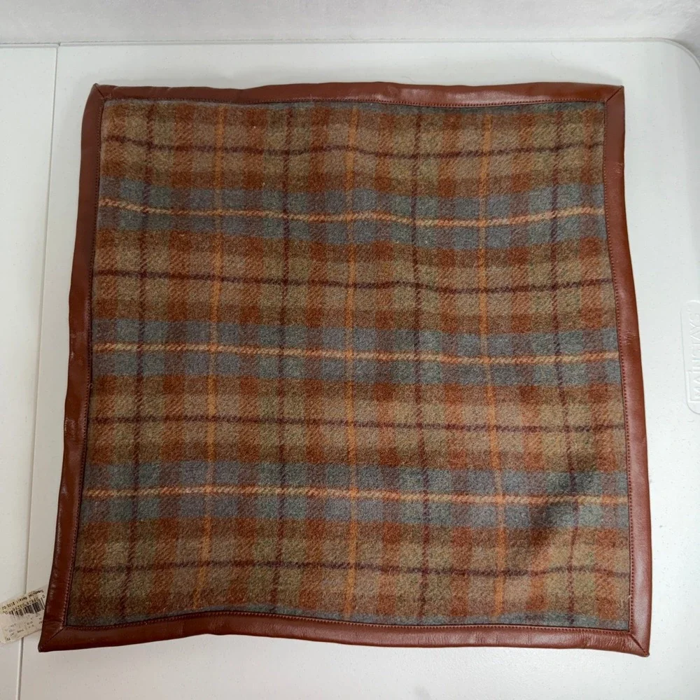 VTG Ralph Lauren Pillow Sham Bedford Hunt Plaid Wool Leather Trim Wood Buttons